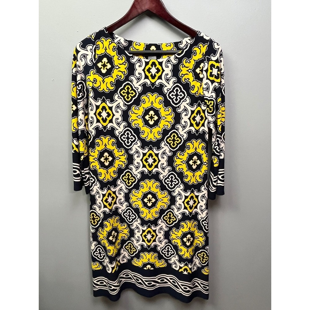 Jessica Howard Dress Womens 8 Yellow‎ Navy Medallion Sheath 3/4 Sleeve Geometric